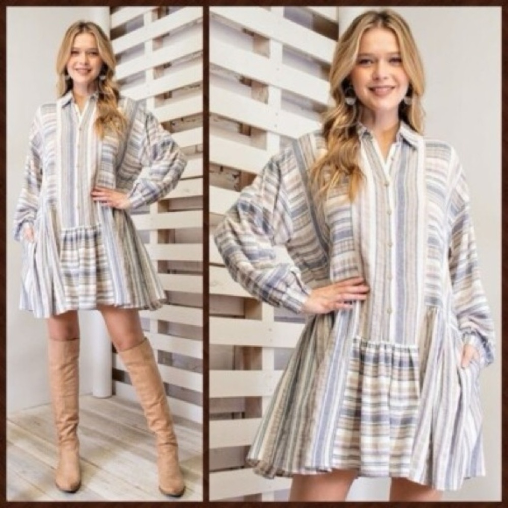 Easel Long Sleeve Linen Blend Purple White Button Up Tunic Dress Boho Beach